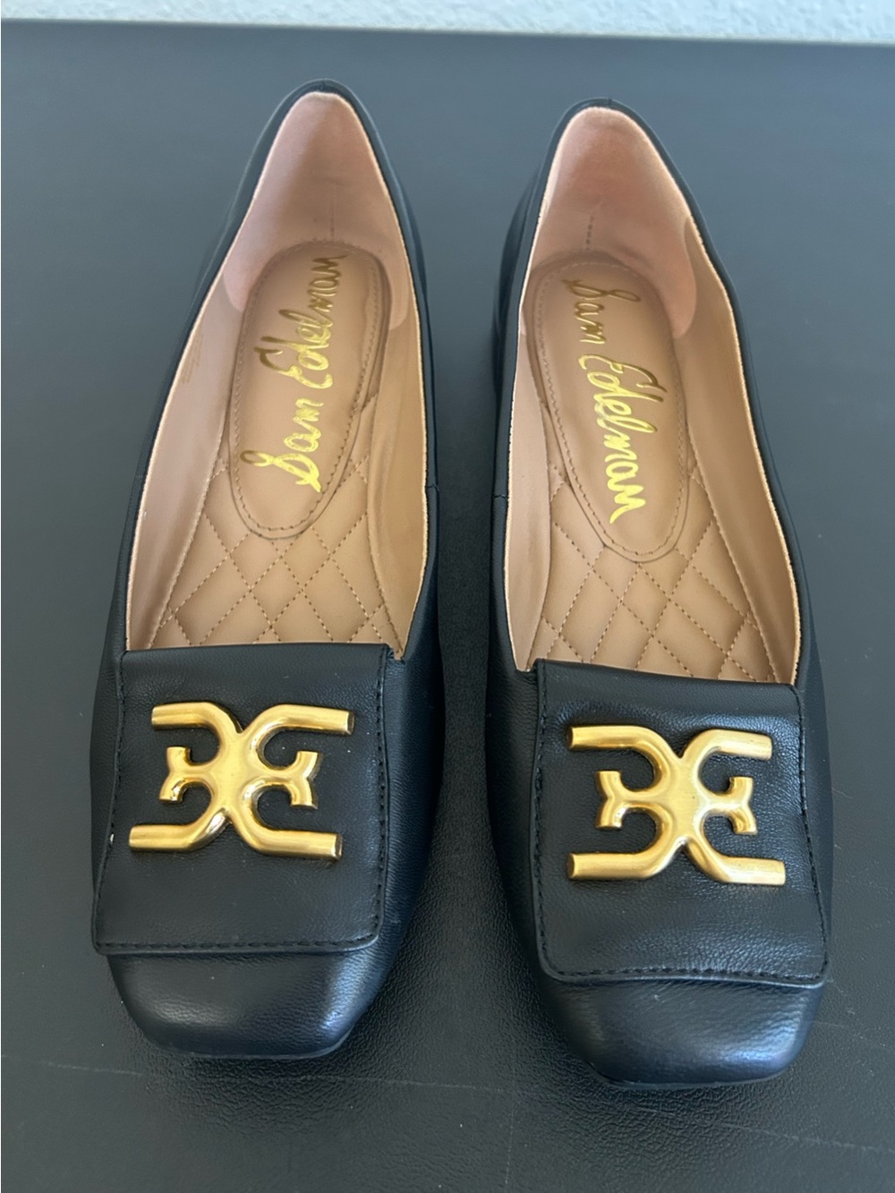 SAM EDELMAN Size 8 Emina Black Leather Flats GOLD LOGO SQUARE TOE